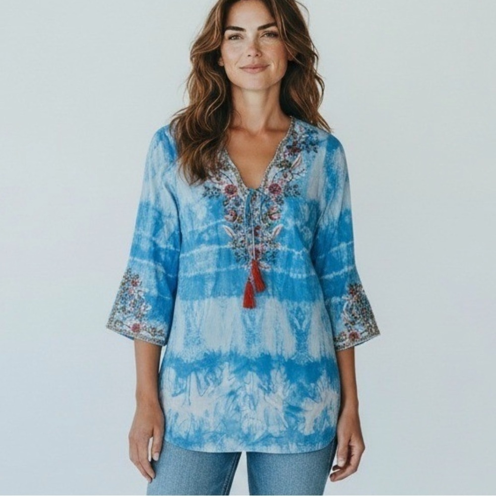 Soft Surroundings Beverly Embellished Tie Dye Blouse Tunic Top Blue